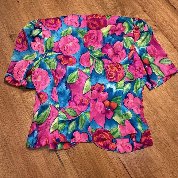 Vtg Adrianna Papell Silk Skirt Top 2 pc Set Sz 8 pink floral Maximalist Wow 90s - Picture 9 of 16